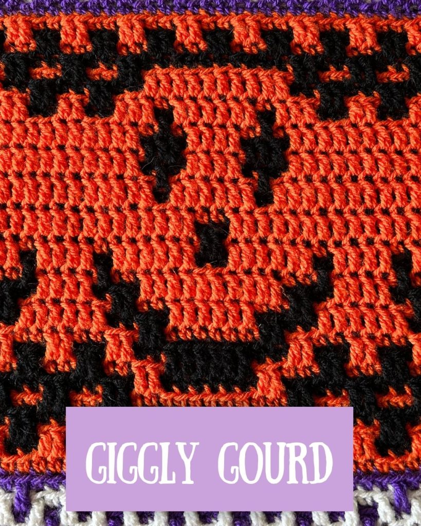 giggly gourd overlay mosaic crochet pattern. it's a jack o' lantern smiling face to celebrate halloween.