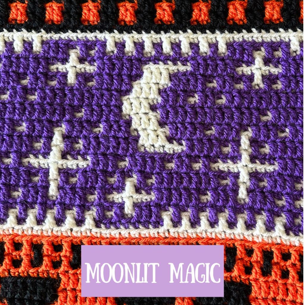 Moonlit Magic is the sixth section in the Spooky Season Mosaic Blanket CAL. A free overlay mosaic crochet blanket pattern.