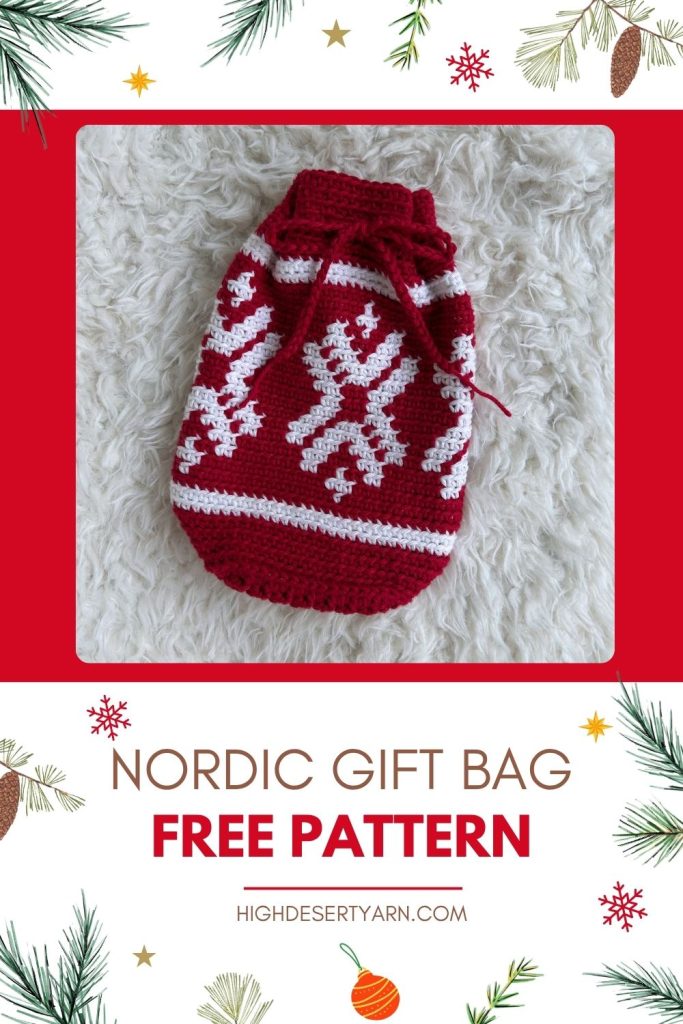 A pin for the nordic crochet gift bag, a free crochet pattern that uses intarsia crochet techniques.