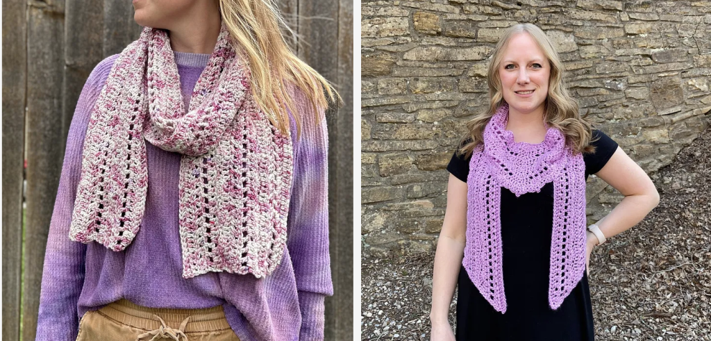 The Carmen Scarf is a lightweight crochet scarf that is updated from it's original design. Left shows the updated one. Right shows the original design.